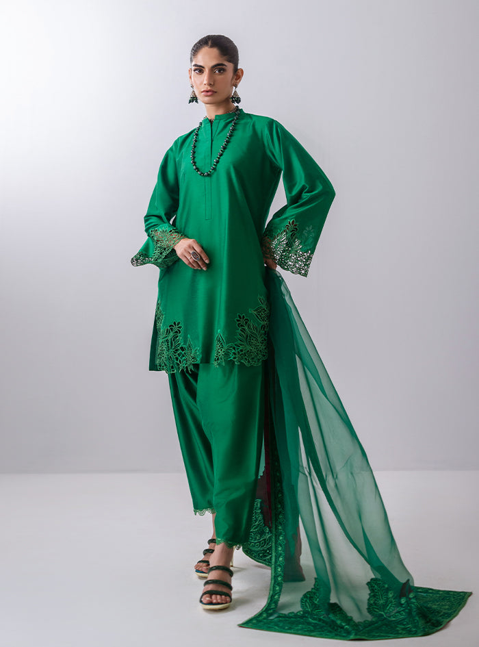 Pakistani Emerald Green Cutwork Raw Silk Kurta Set (3-Piece) - Image 5