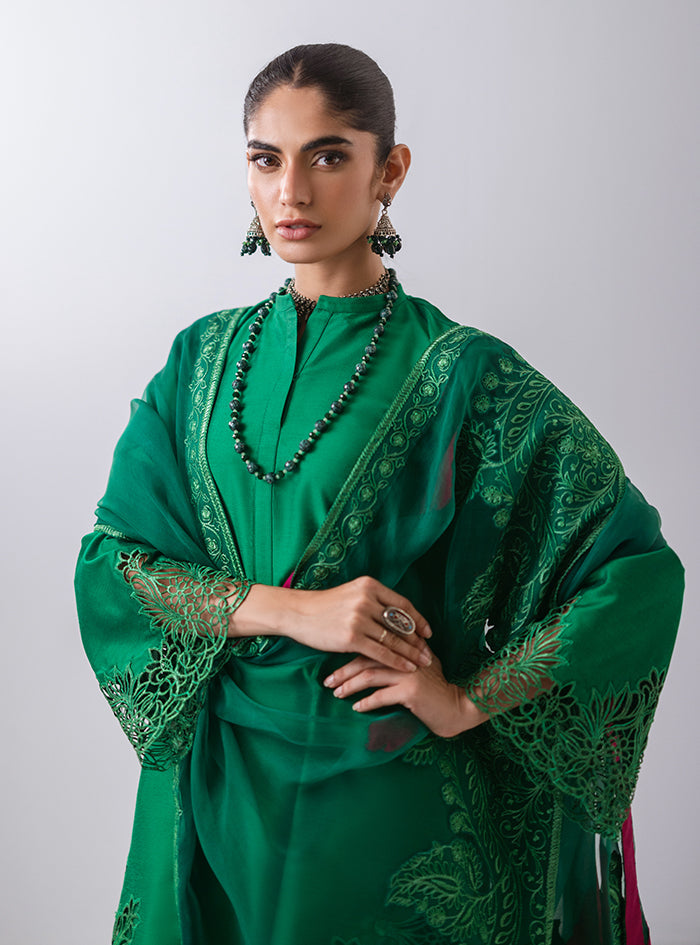 Pakistani Emerald Green Cutwork Raw Silk Kurta Set (3-Piece) - Image 8
