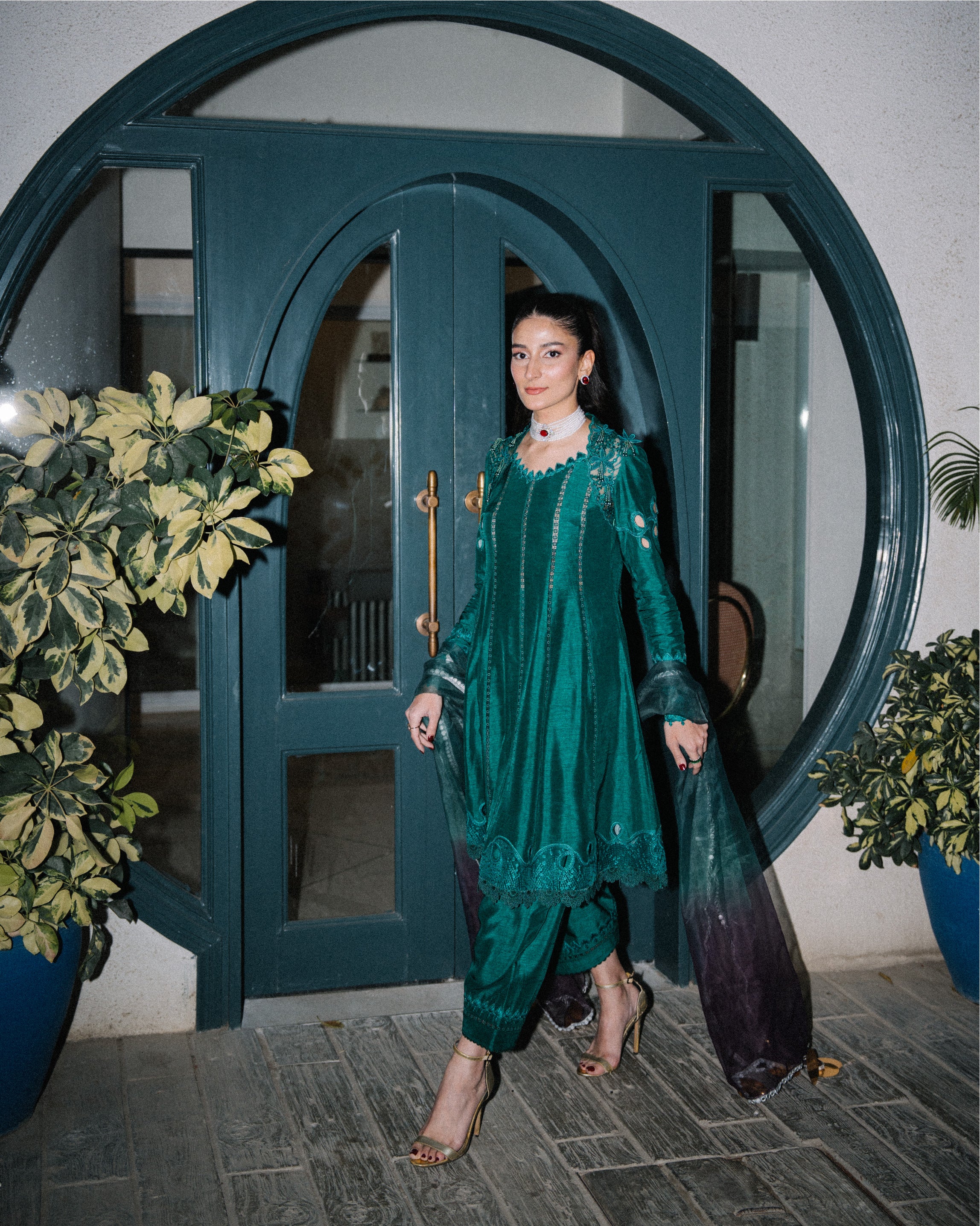 Pakistani Emerald Green Cutwork Raw Silk Salwar Kameez (3-Piece) - Image 1