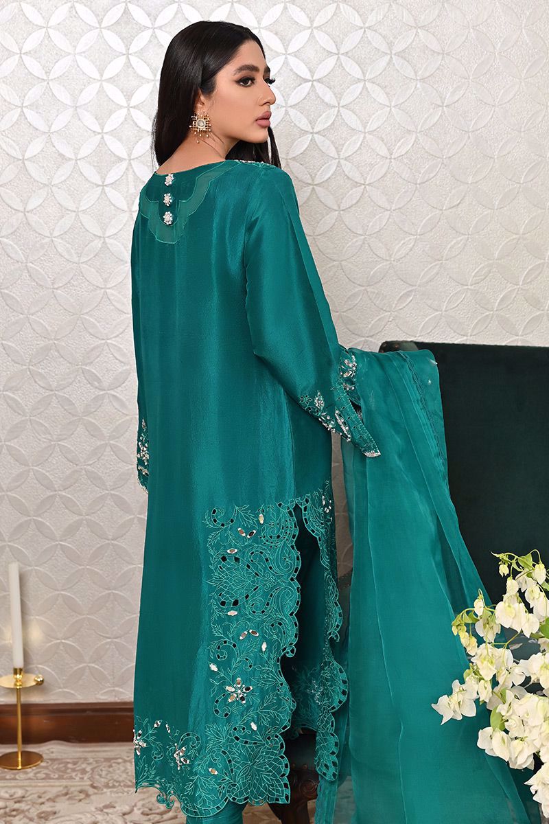 Emerald Green Embroidered Raw Silk Salwar Kameez (3-Piece) - Image 10