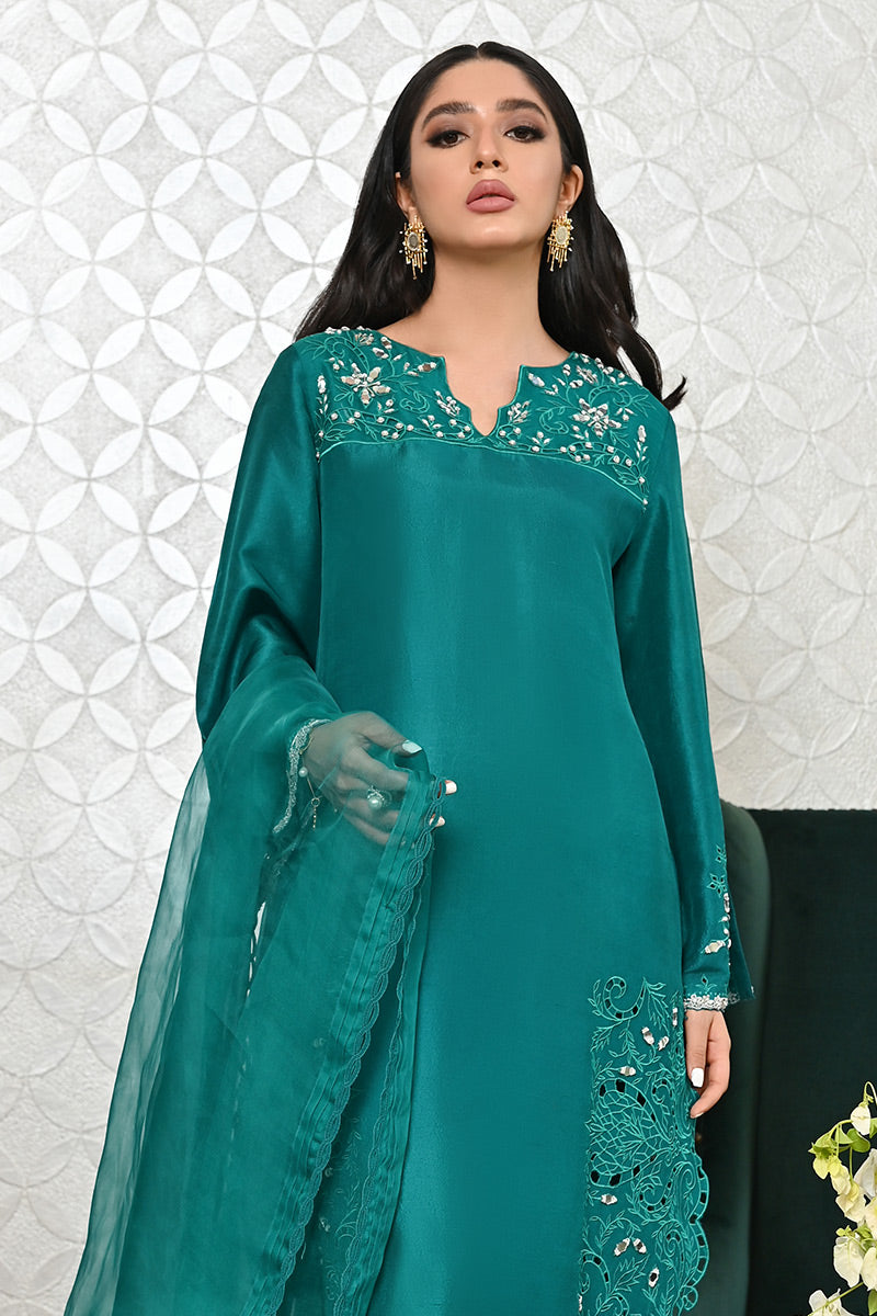 Emerald Green Embroidered Raw Silk Salwar Kameez (3-Piece) - Image 2