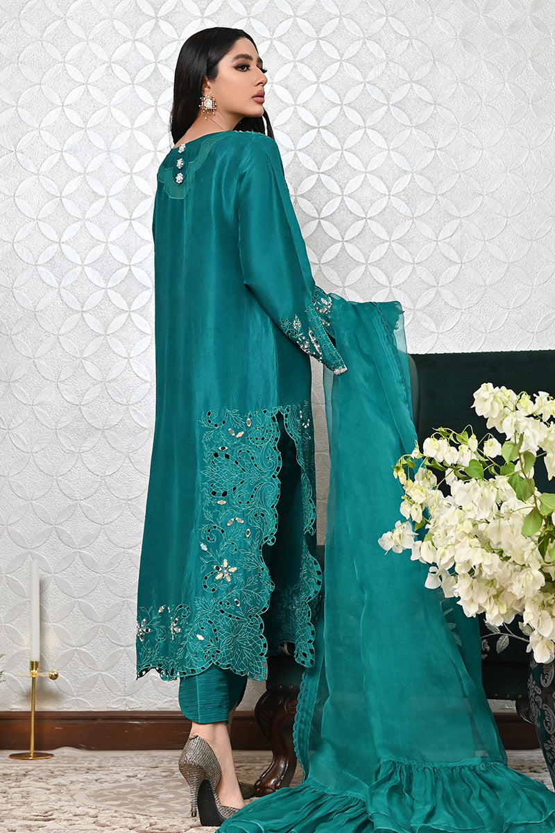 Emerald Green Embroidered Raw Silk Salwar Kameez (3-Piece) - Image 3