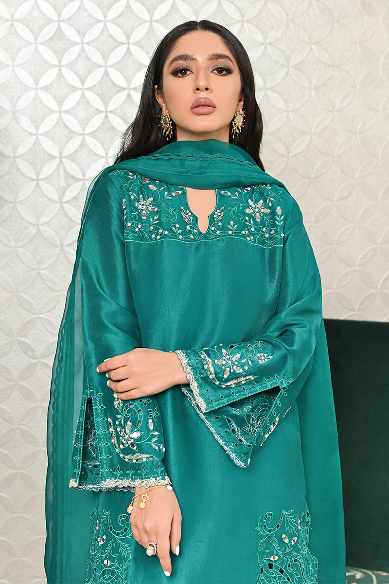 Emerald Green Embroidered Raw Silk Salwar Kameez (3-Piece) - Image 5