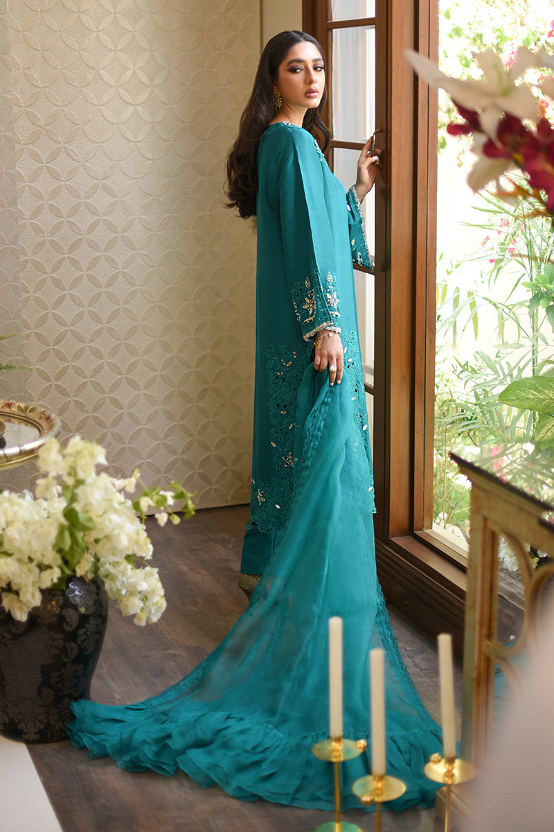 Emerald Green Embroidered Raw Silk Salwar Kameez (3-Piece) - Image 6