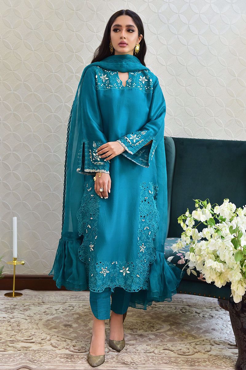 Emerald Green Embroidered Raw Silk Salwar Kameez (3-Piece) - Image 8
