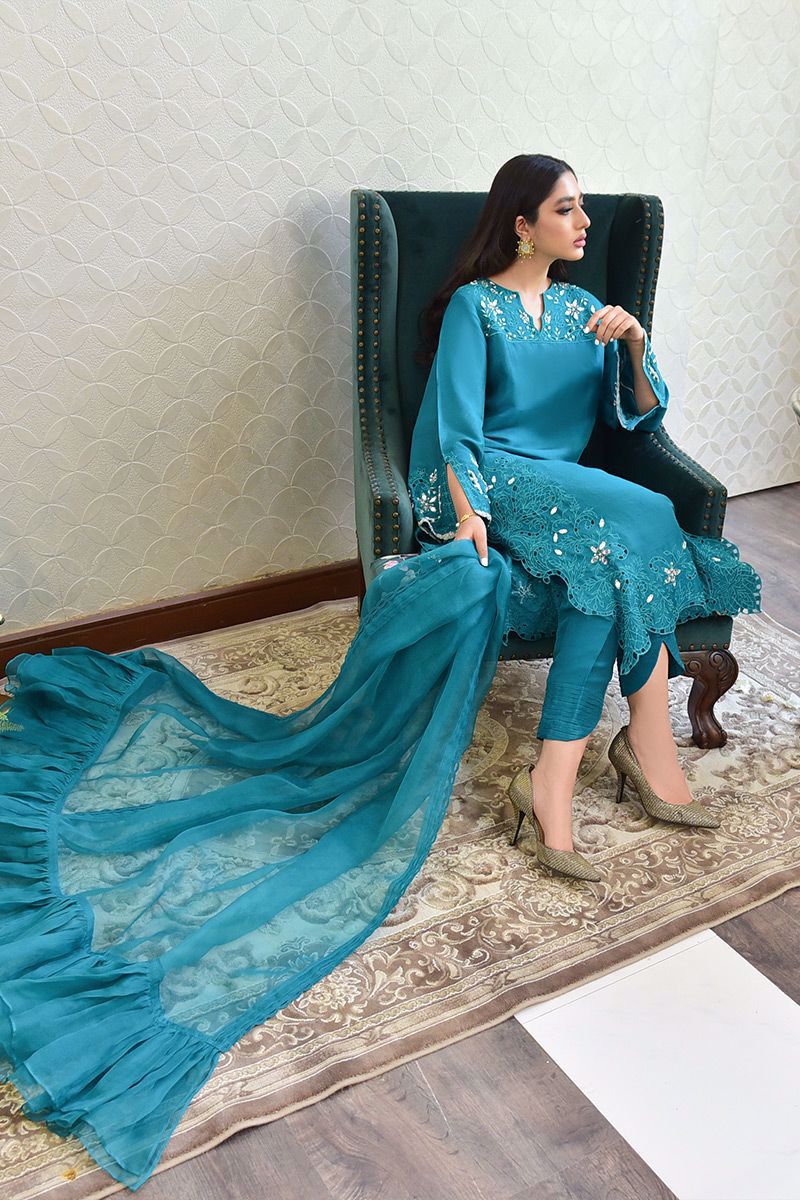 Emerald Green Embroidered Raw Silk Salwar Kameez (3-Piece) - Image 9