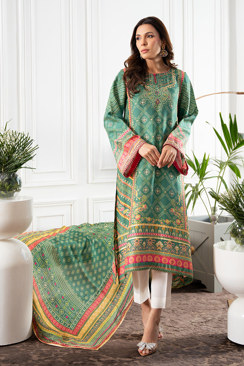 Pakistani Garden Green Bandhani Embroidered Silk Salwar Kameez (3-Piece) - Image 4