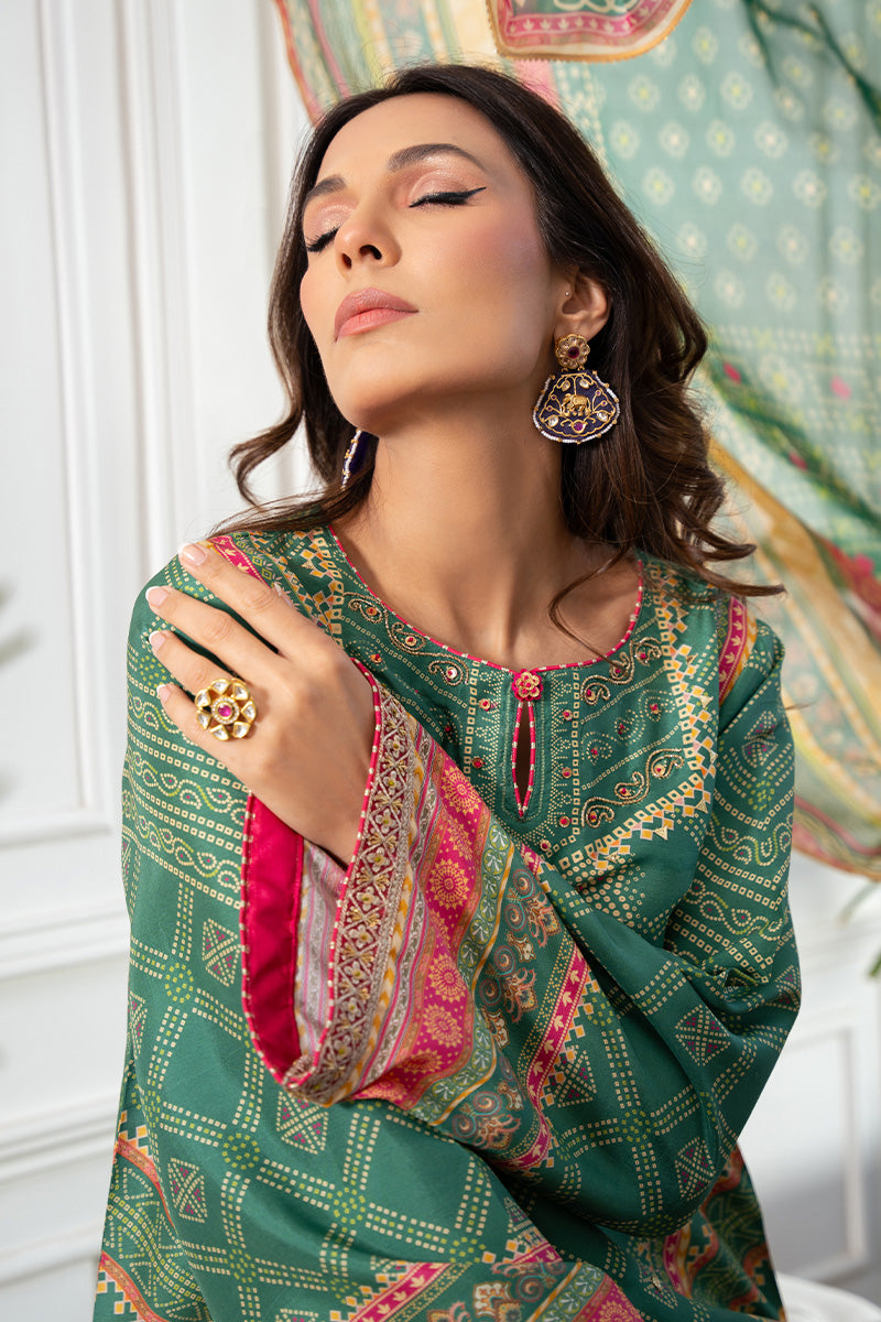 Pakistani Garden Green Bandhani Embroidered Silk Salwar Kameez (3-Piece) - Image 5