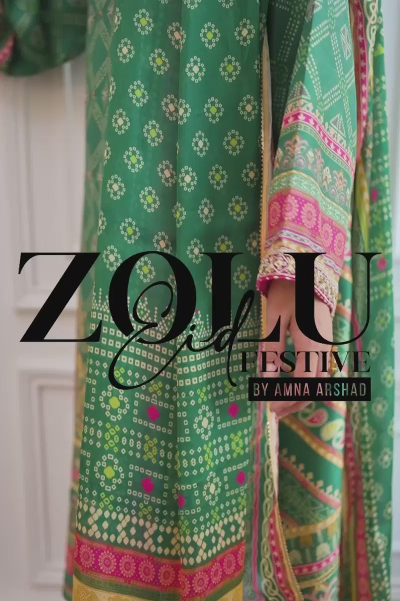 Pakistani Garden Green Bandhani Embroidered Silk Salwar Kameez (3-Piece) - Image 7