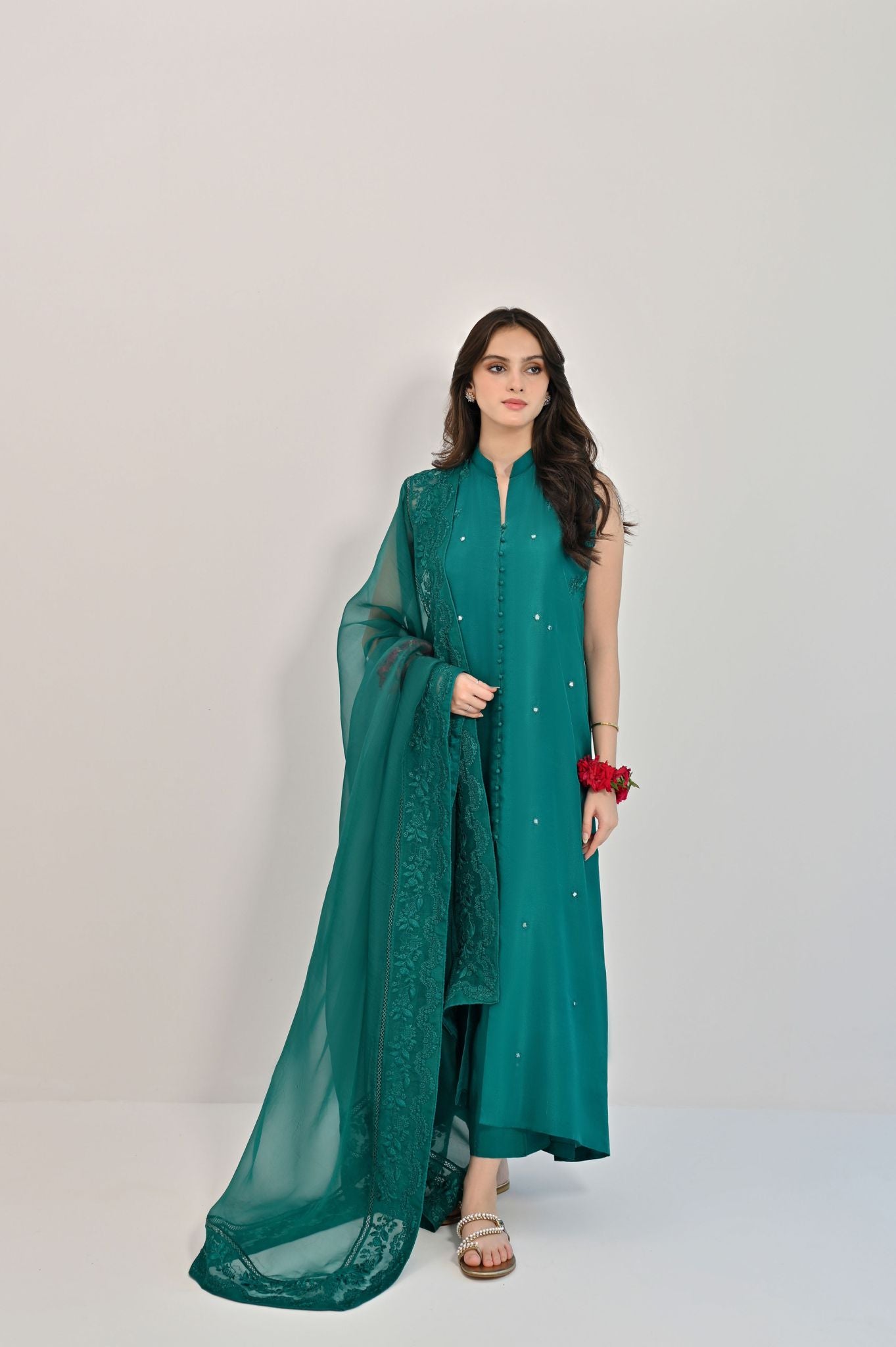 Emerald Embroidered Raw Silk Long Kameez (3-Piece) - Image 1