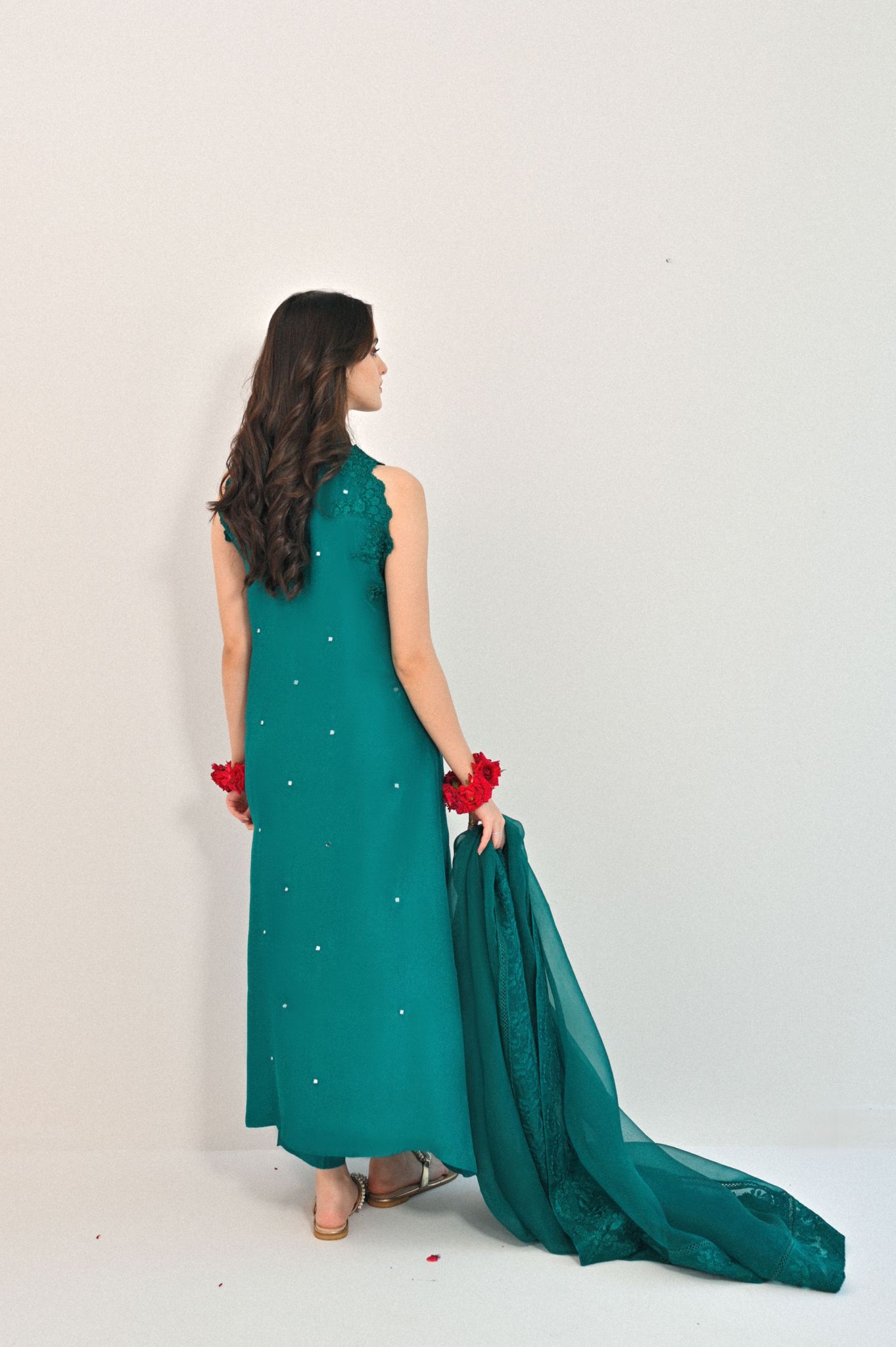 Emerald Embroidered Raw Silk Long Kameez (3-Piece) - Image 2