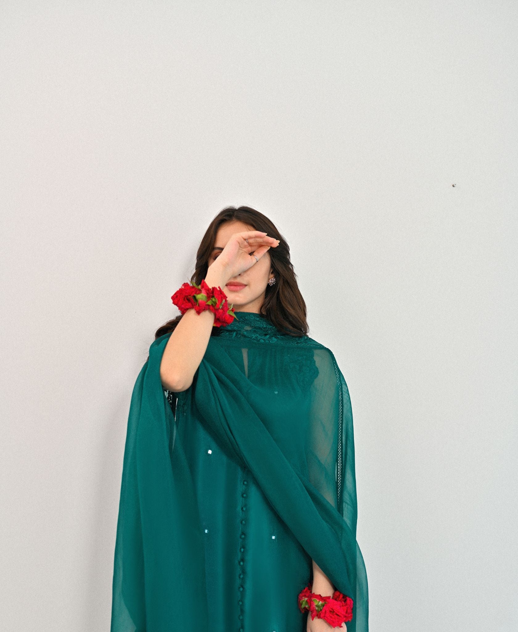 Emerald Embroidered Raw Silk Long Kameez (3-Piece) - Image 4