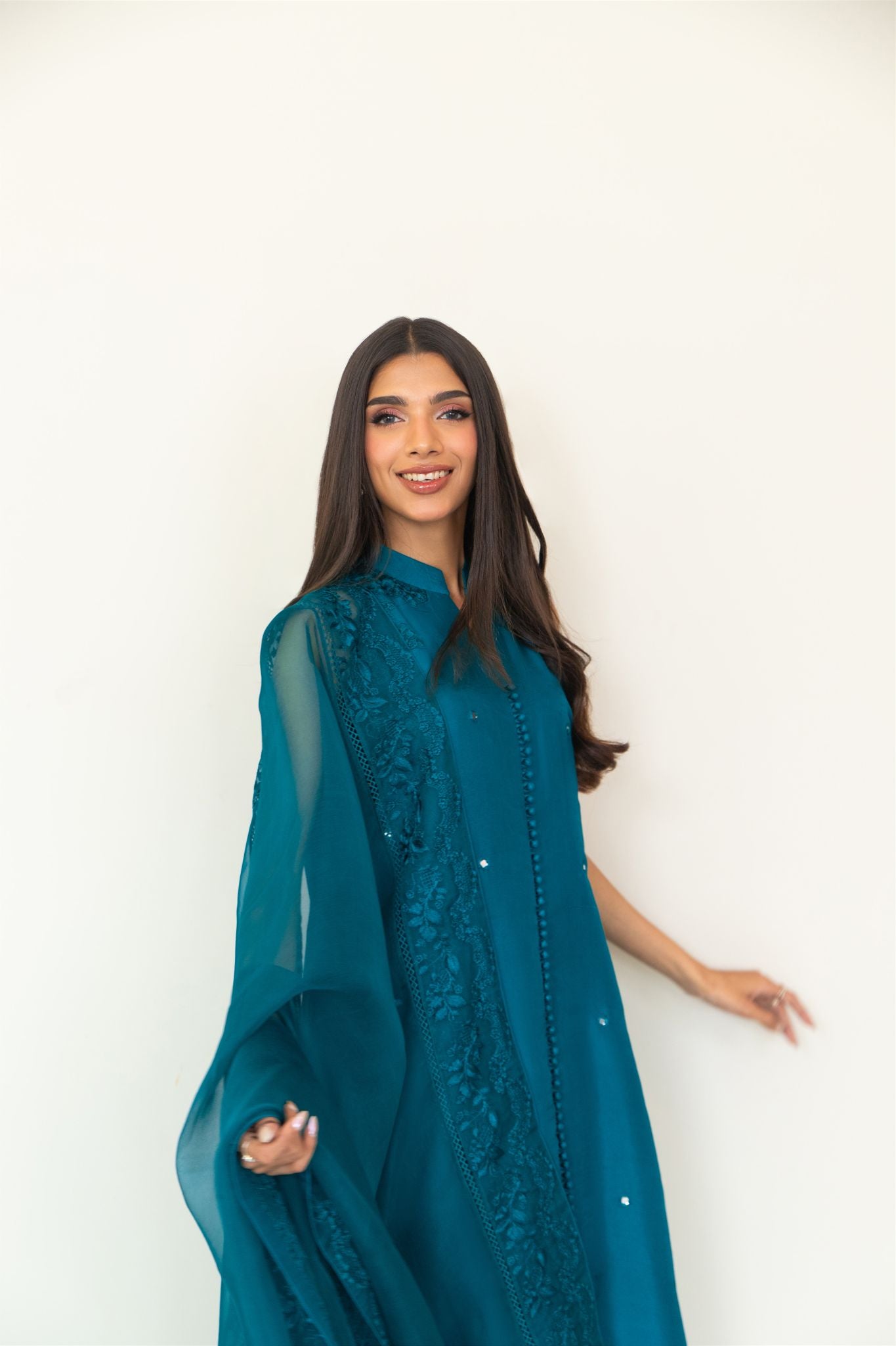 Pakistani Emerald Embroidered Raw Silk Salwar Kameez (3-Piece) - Image 5