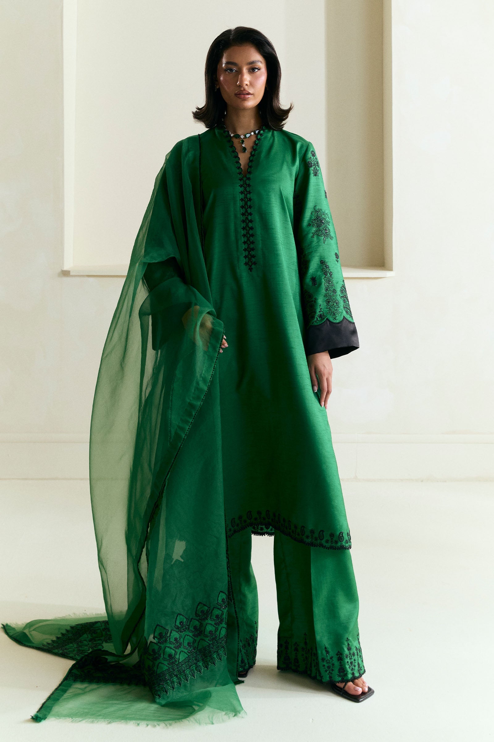 Pakistani Basil Green Embroidered Raw Silk Salwar Kameez (3-Piece) - Image 1