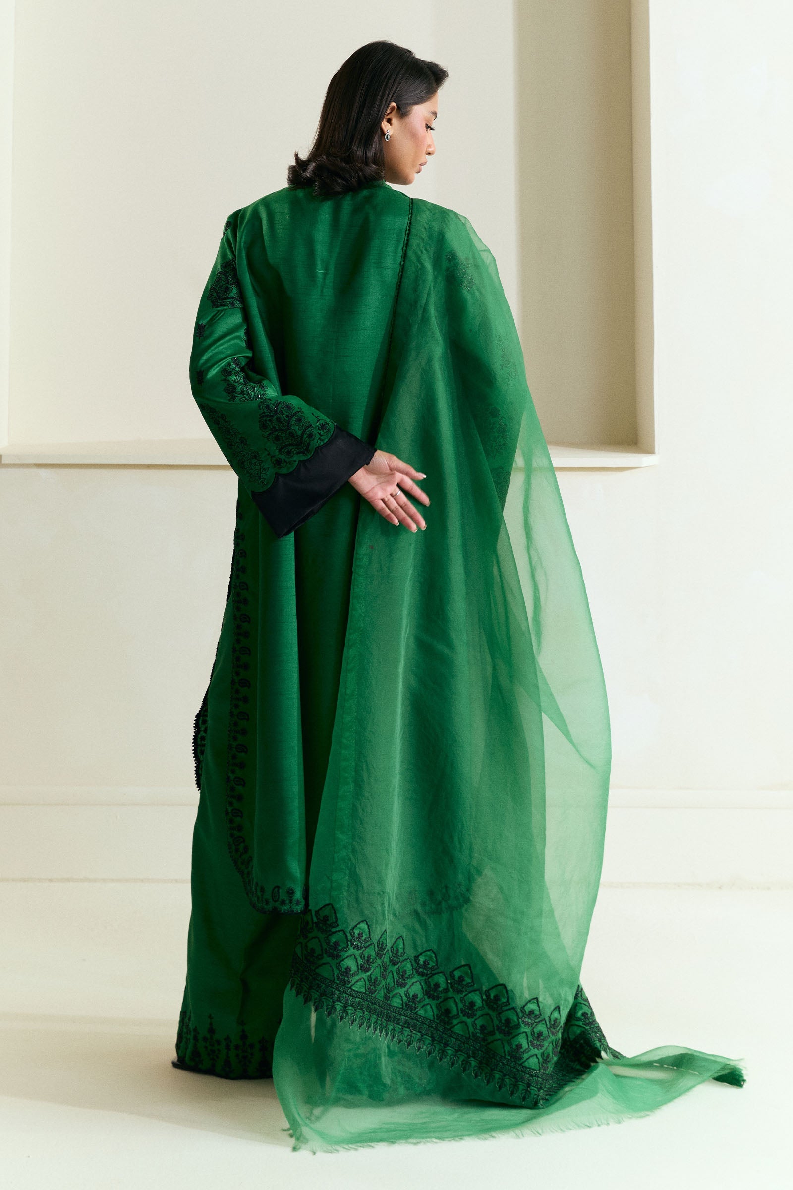 Pakistani Basil Green Embroidered Raw Silk Salwar Kameez (3-Piece) - Image 2