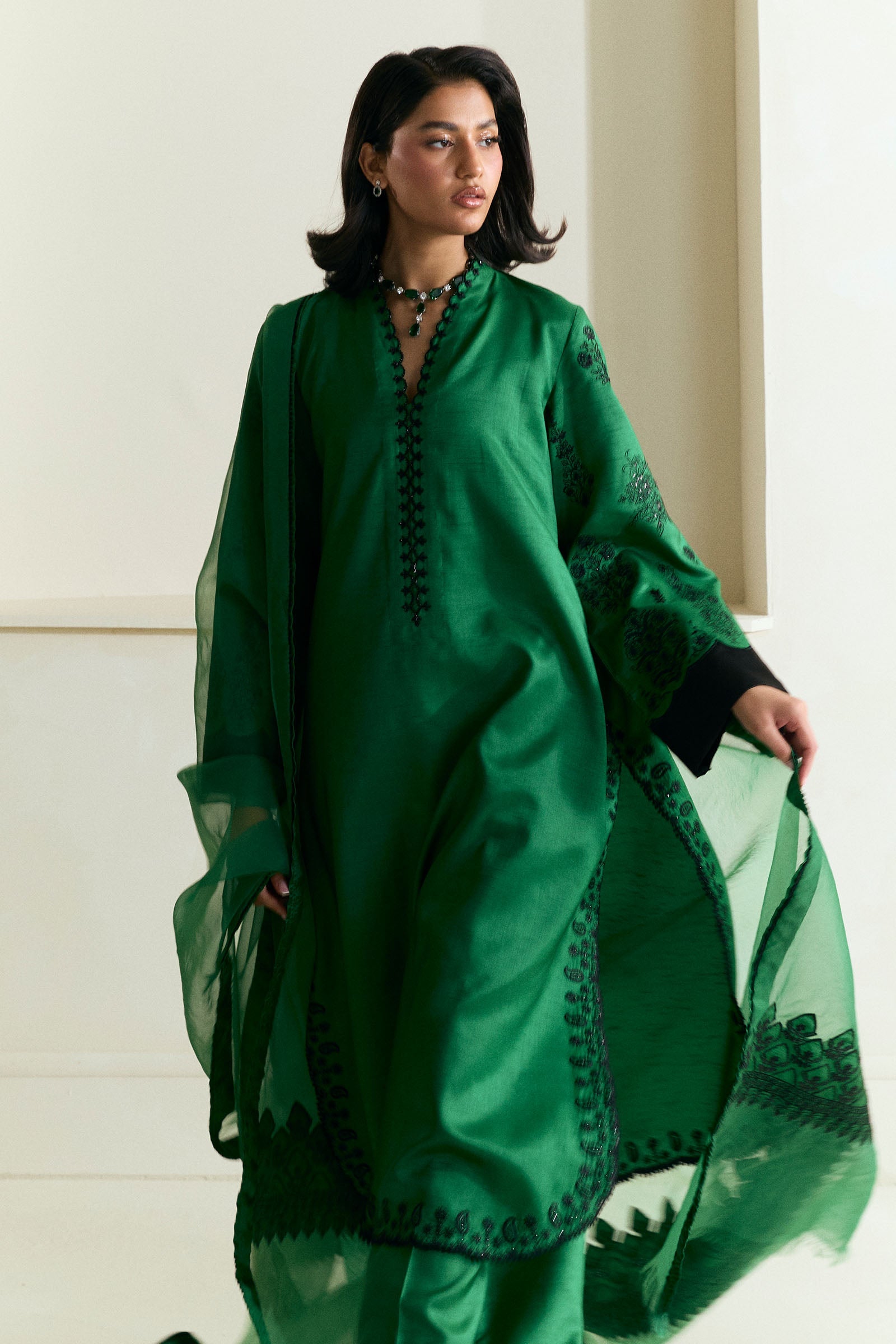 Pakistani Basil Green Embroidered Raw Silk Salwar Kameez (3-Piece) - Image 3