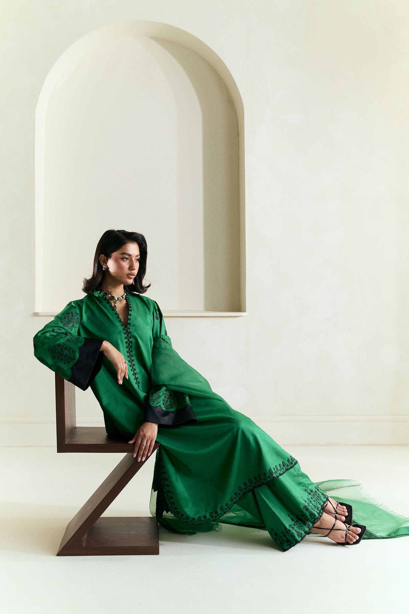 Pakistani Basil Green Embroidered Raw Silk Salwar Kameez (3-Piece) - Image 4