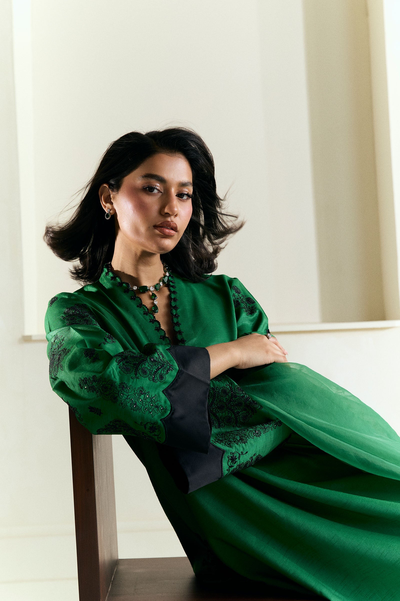 Pakistani Basil Green Embroidered Raw Silk Salwar Kameez (3-Piece) - Image 5