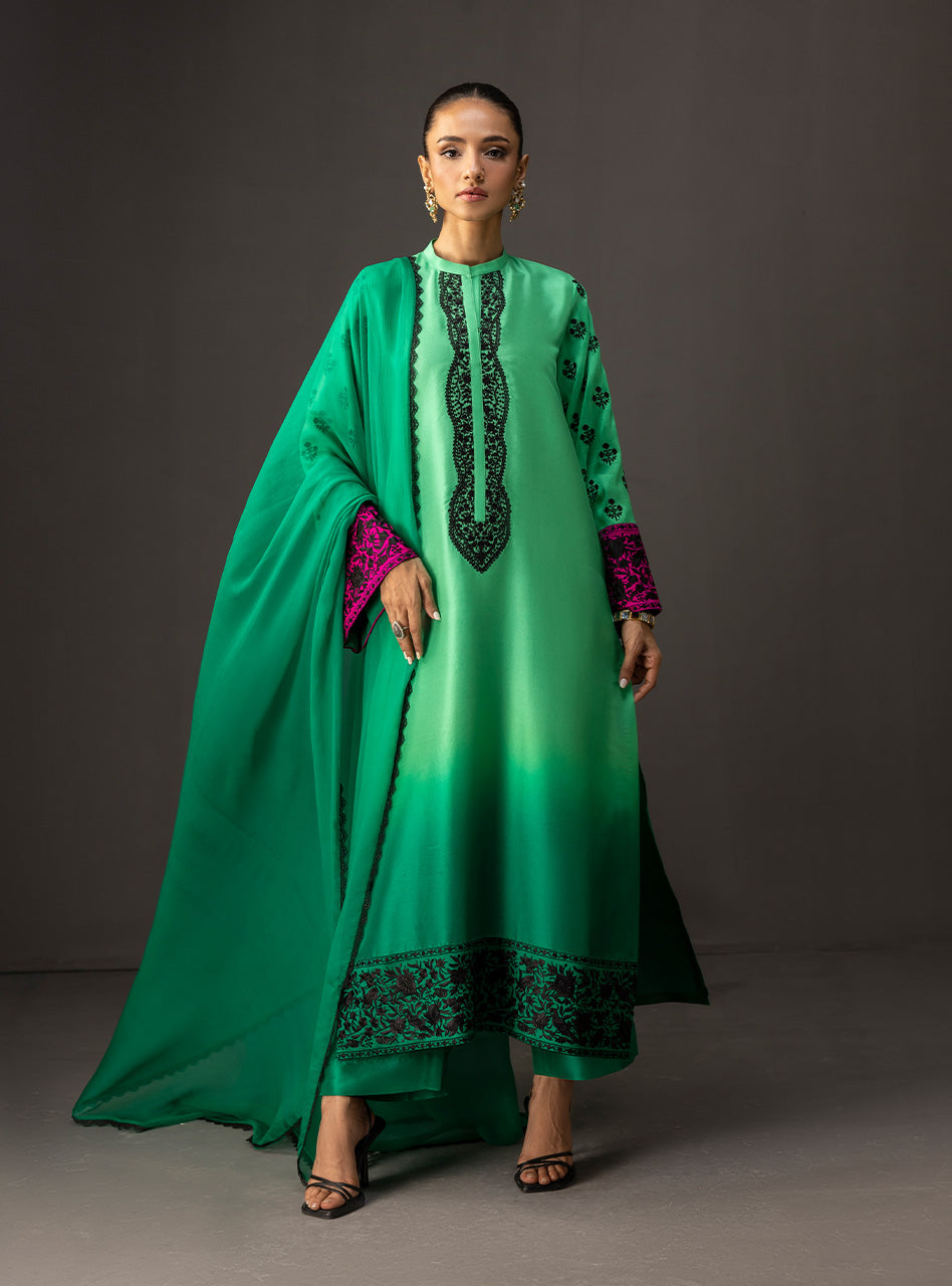 Pakistani Emerald Embroidered Raw Silk Salwar Kameez (3-Piece) - Image 1