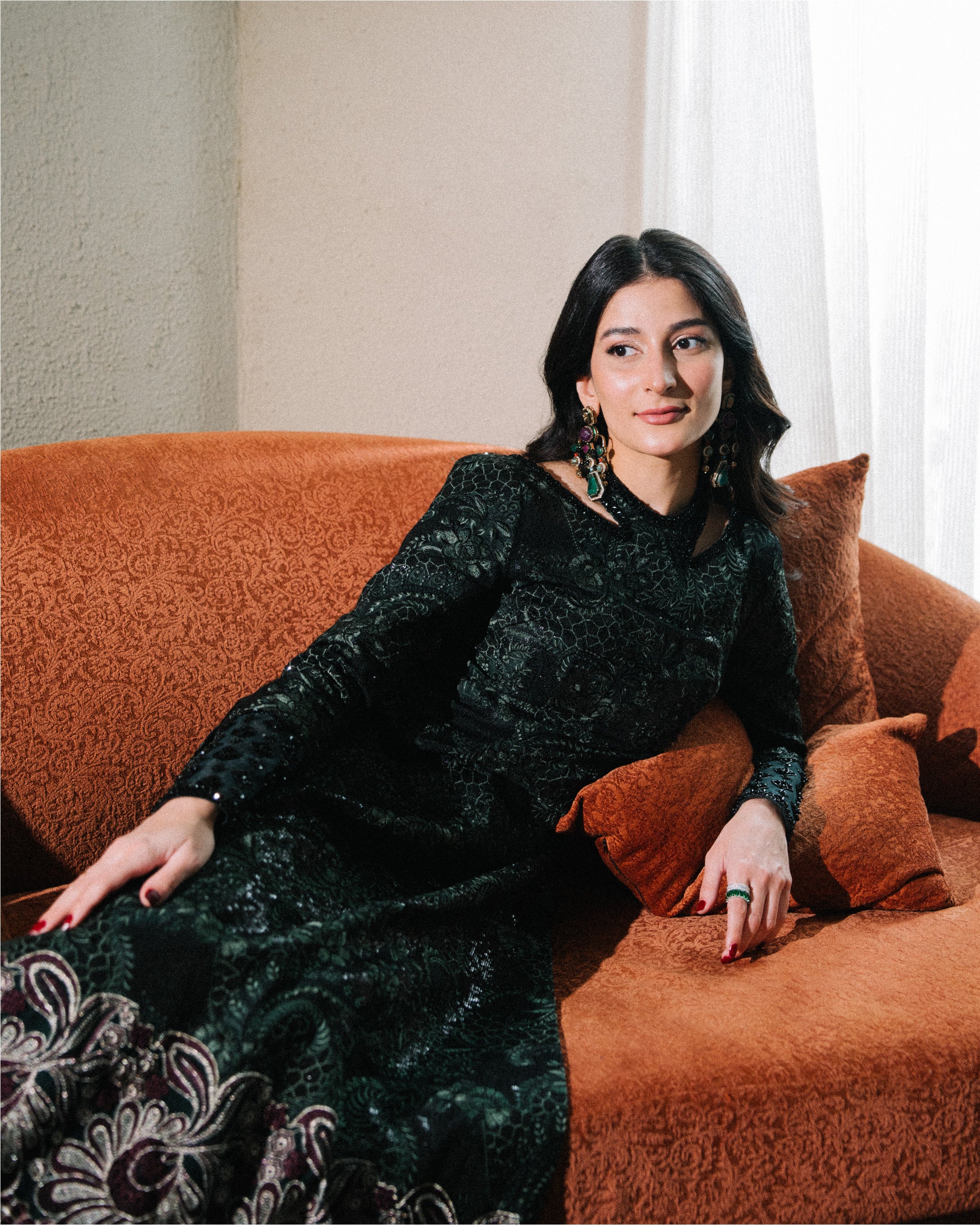 Deep Green Embroidered Raw Silk Salwar Kameez (2-Piece) - Image 2