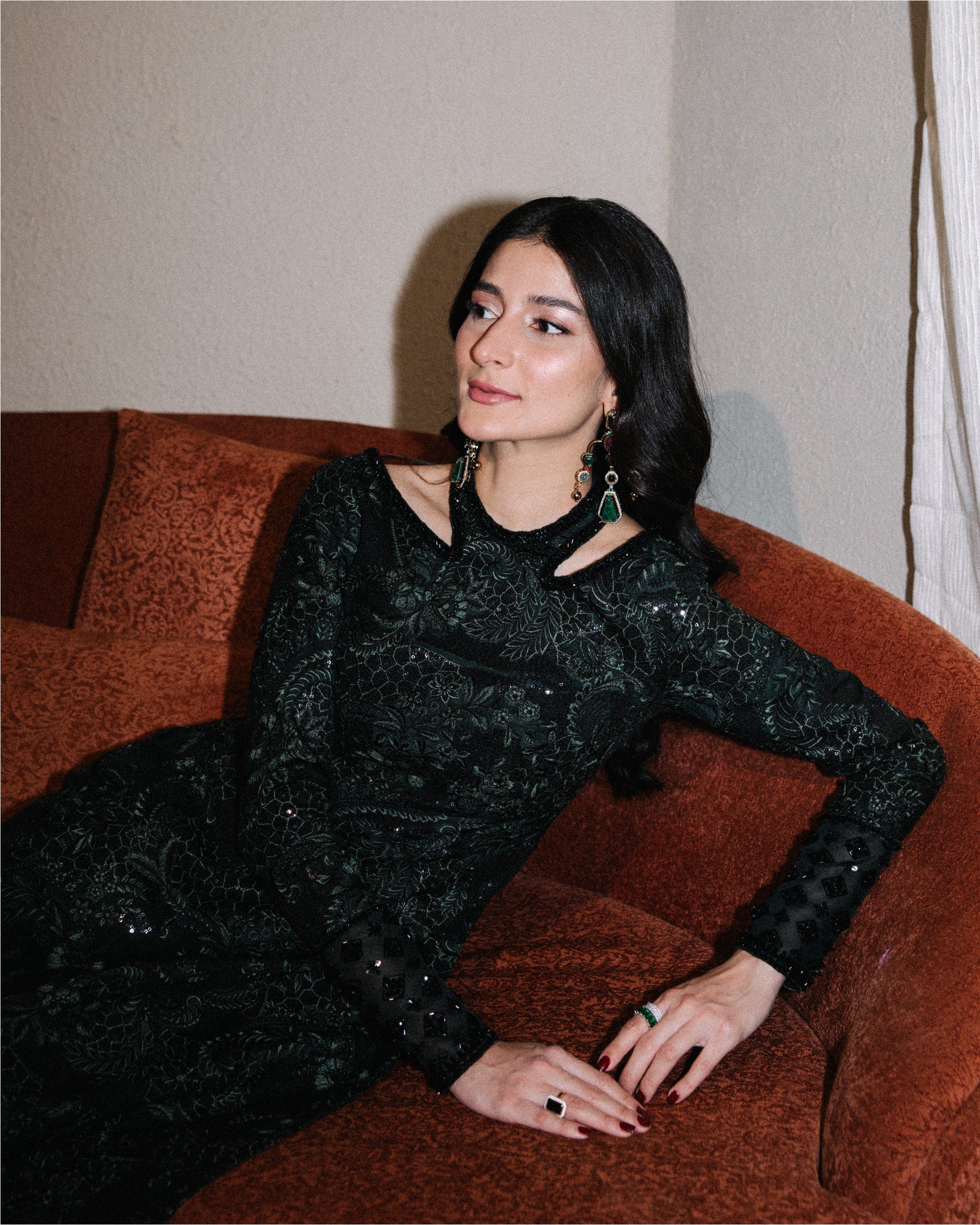 Deep Green Embroidered Raw Silk Salwar Kameez (2-Piece) - Image 5