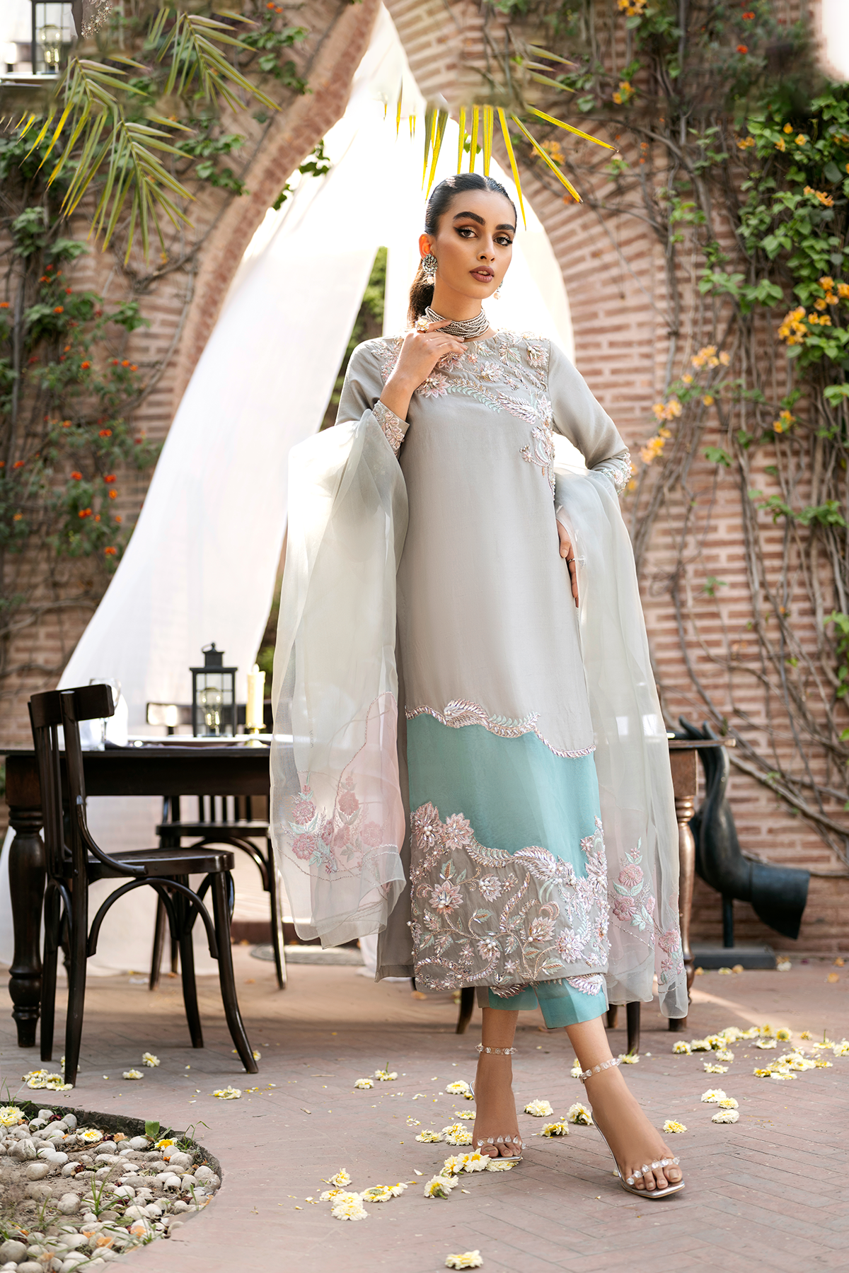 Pakistani Grey-Green Embroidered Raw Silk Salwar Kameez (3-Piece) - Image 2