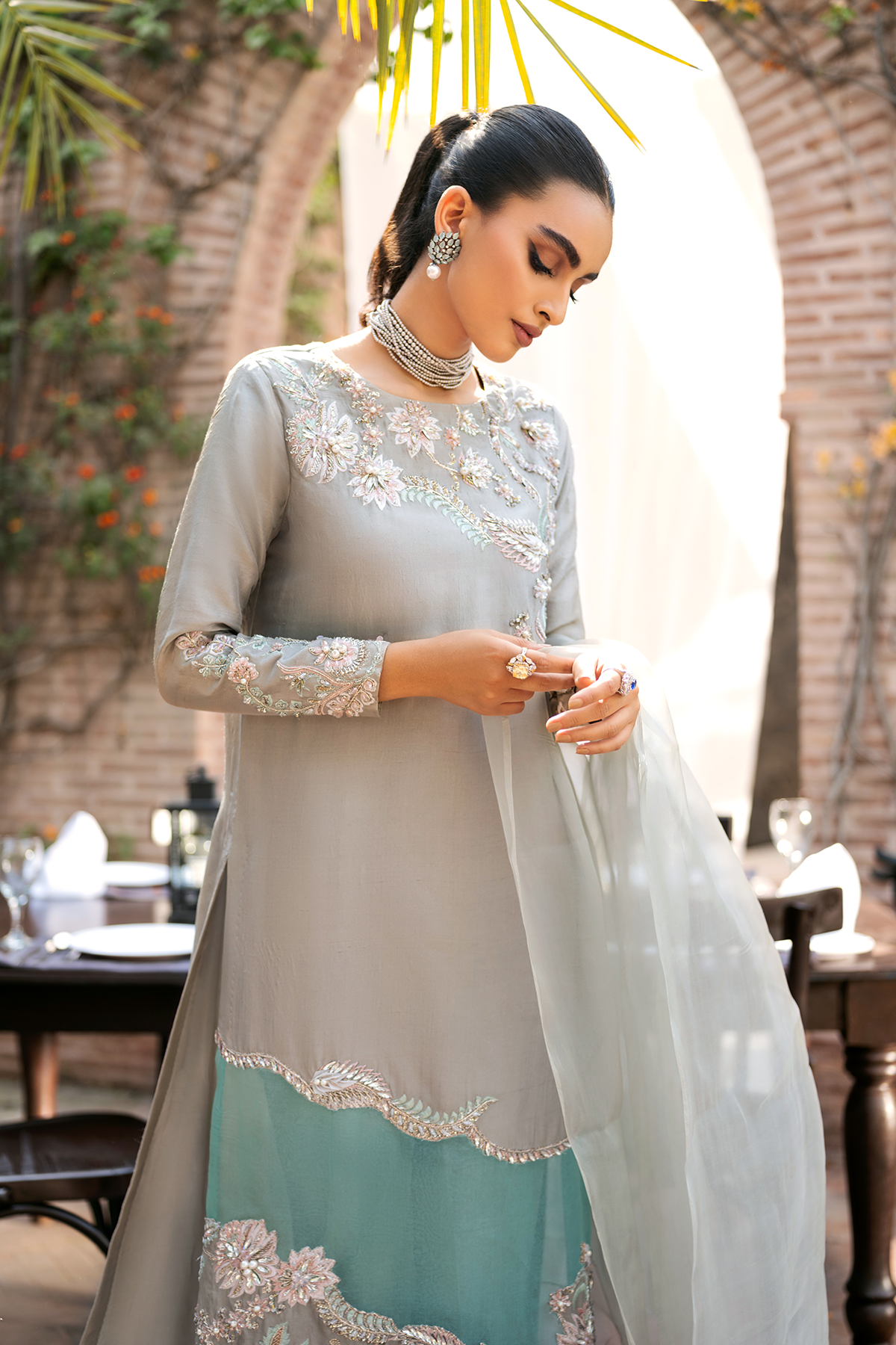 Pakistani Grey-Green Embroidered Raw Silk Salwar Kameez (3-Piece) - Image 3