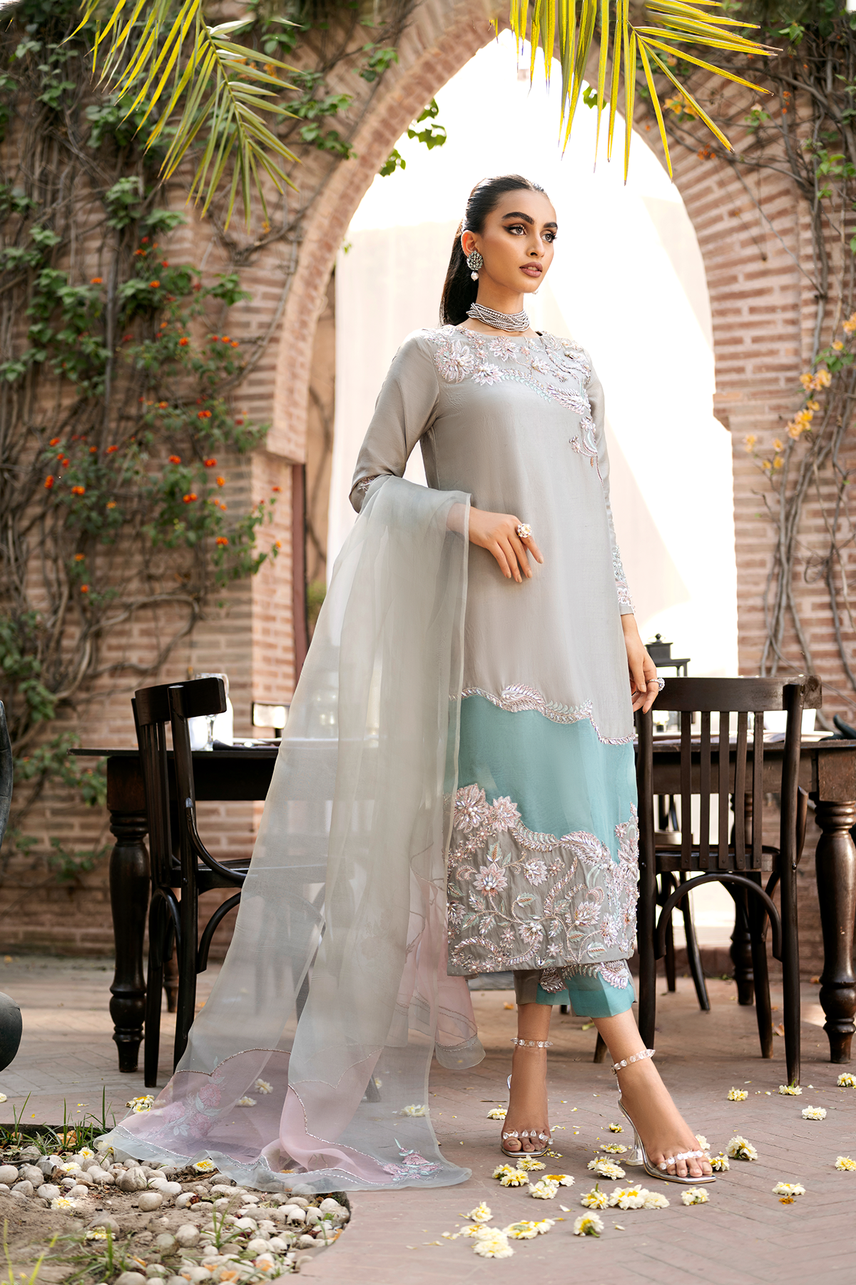 Pakistani Grey-Green Embroidered Raw Silk Salwar Kameez (3-Piece) - Image 4