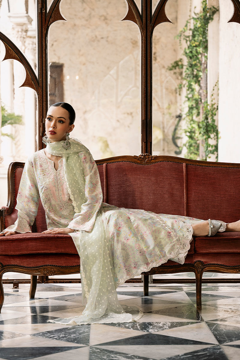 Lime Green Embroidered Raw Silk Salwar Kameez (3-Piece) - Image 4