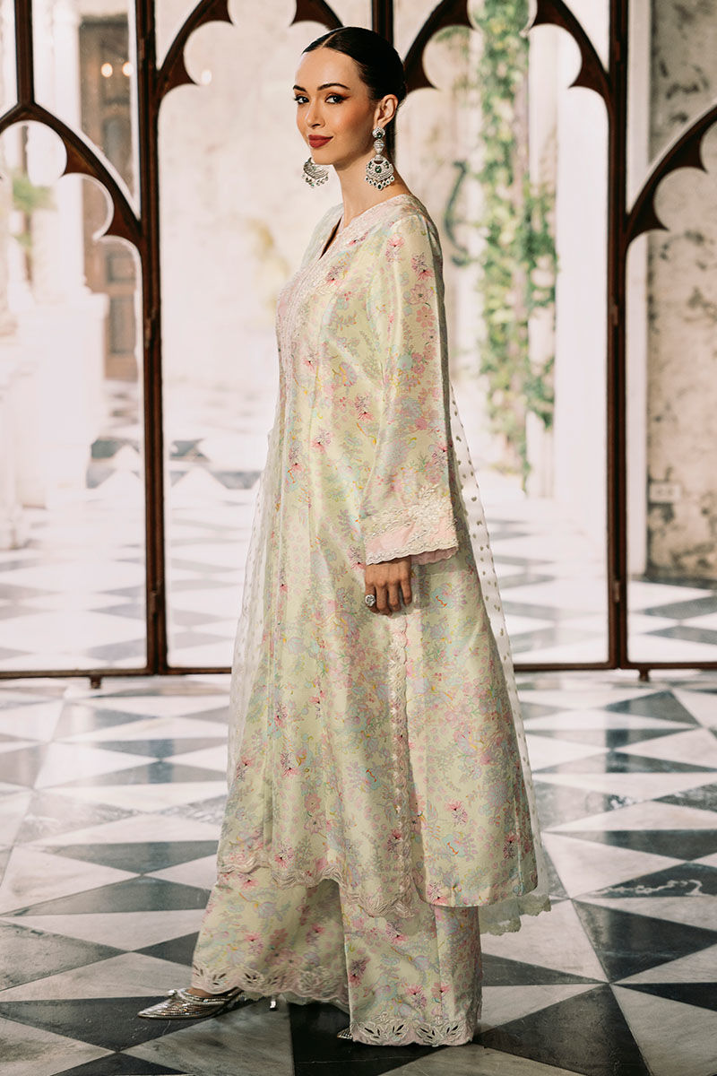 Lime Green Embroidered Raw Silk Salwar Kameez (3-Piece) - Image 6