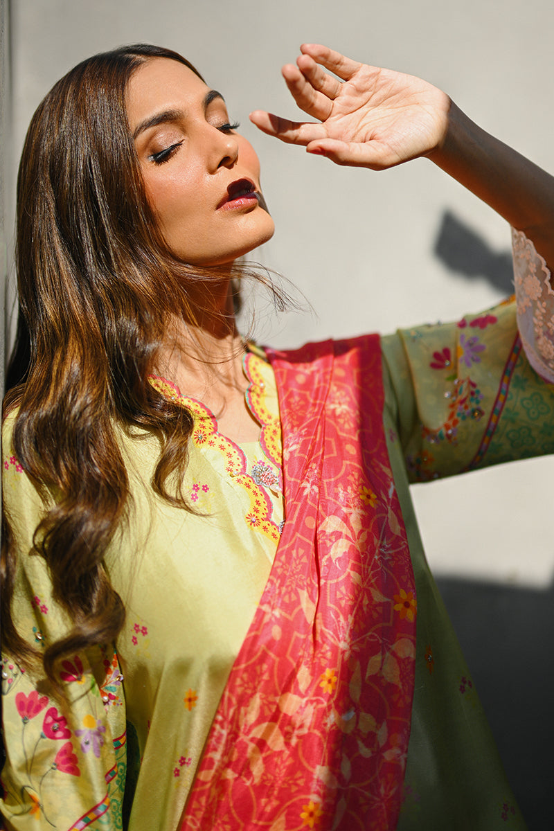 Pakistani Mint Green Floral Embroidered Pure Raw Silk Kameez (2-Piece) - Image 7