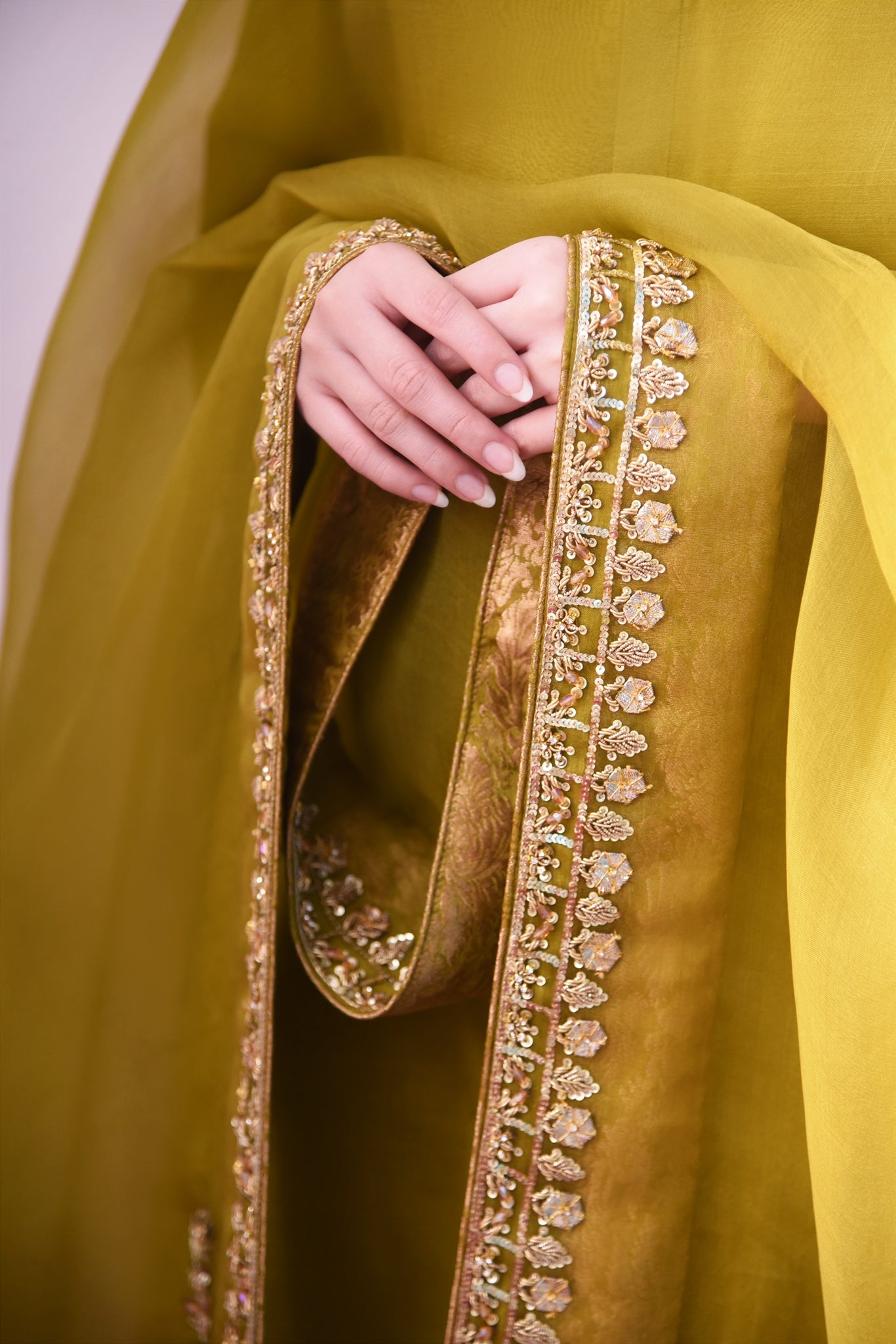 Pakistani Mehndi Green Gold Ada Work Raw Silk Salwar Kameez (3-Piece) - Image 2