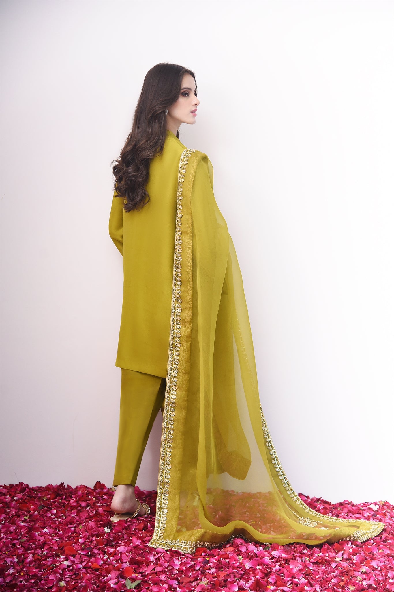 Pakistani Mehndi Green Gold Ada Work Raw Silk Salwar Kameez (3-Piece) - Image 3