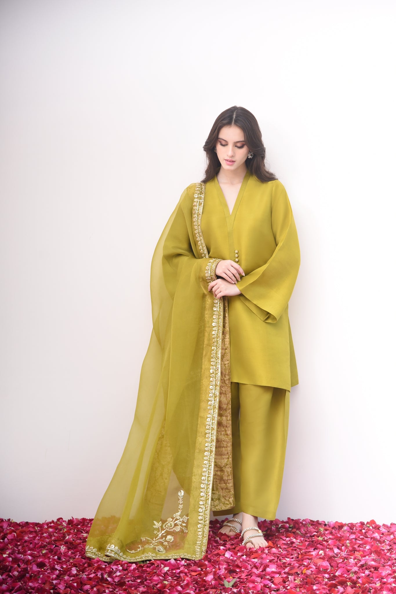 Pakistani Mehndi Green Gold Ada Work Raw Silk Salwar Kameez (3-Piece) - Image 4