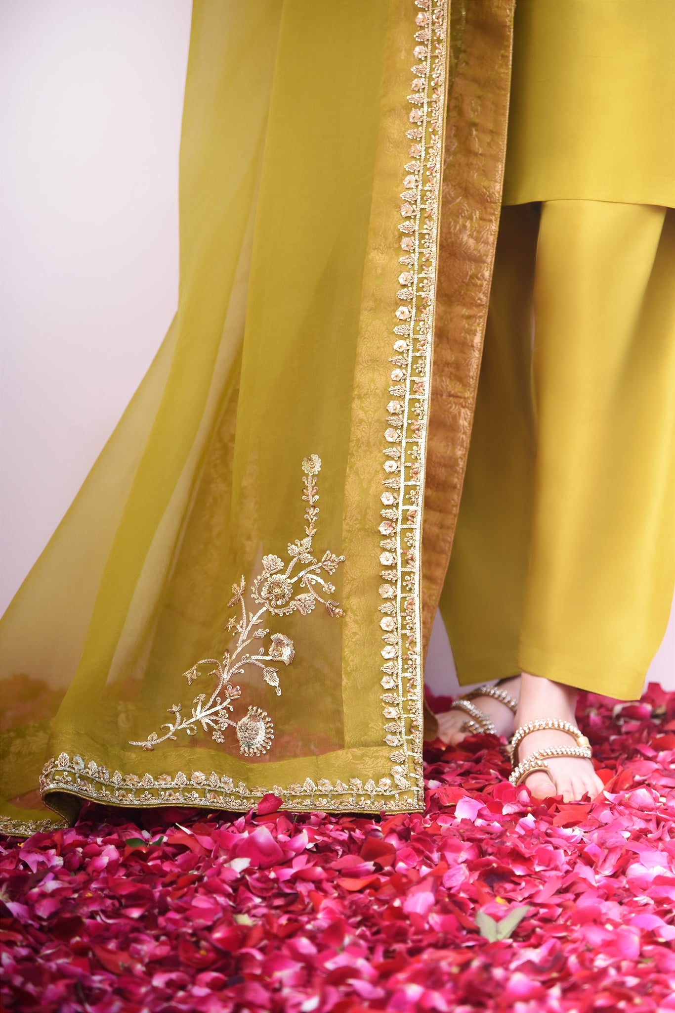 Pakistani Mehndi Green Gold Ada Work Raw Silk Salwar Kameez (3-Piece) - Image 5