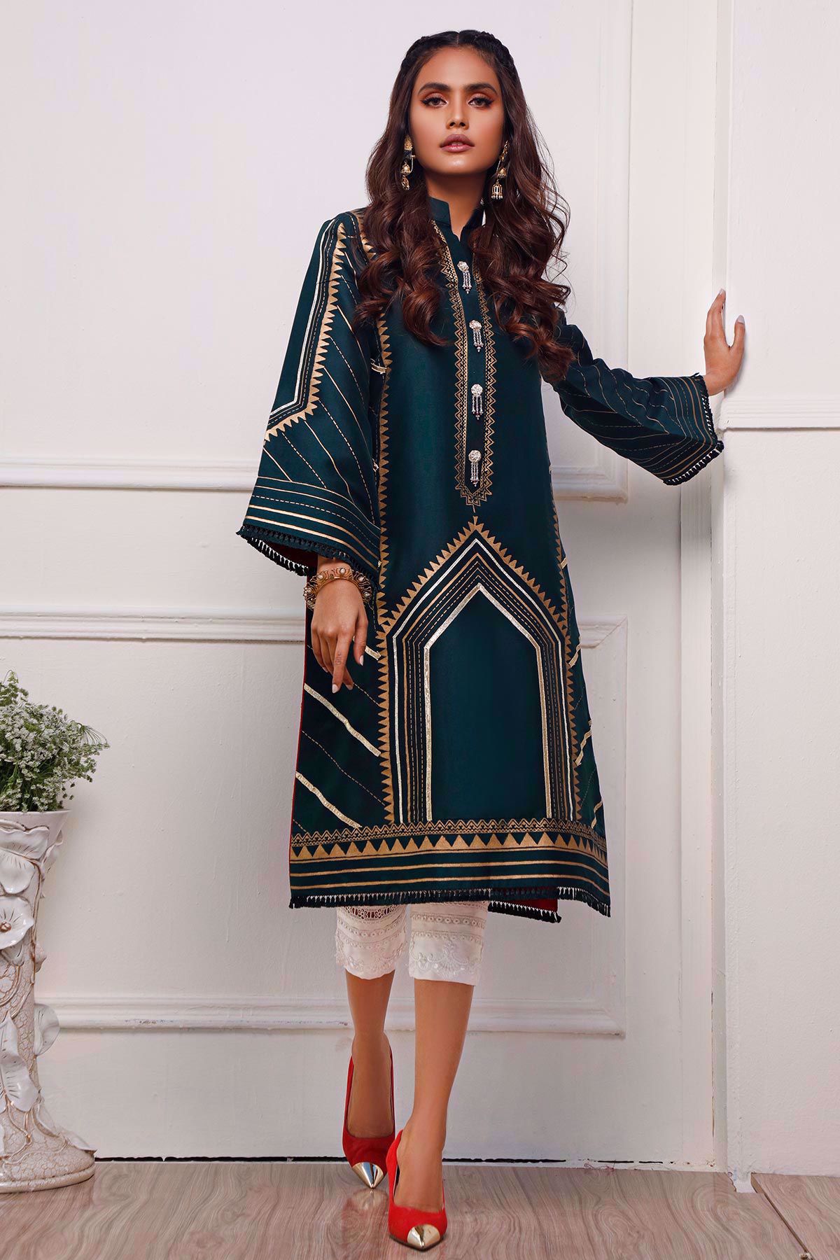 Jade Green Hand Block Printed Raw Silk Salwar Kameez (2-Piece) - Image 1