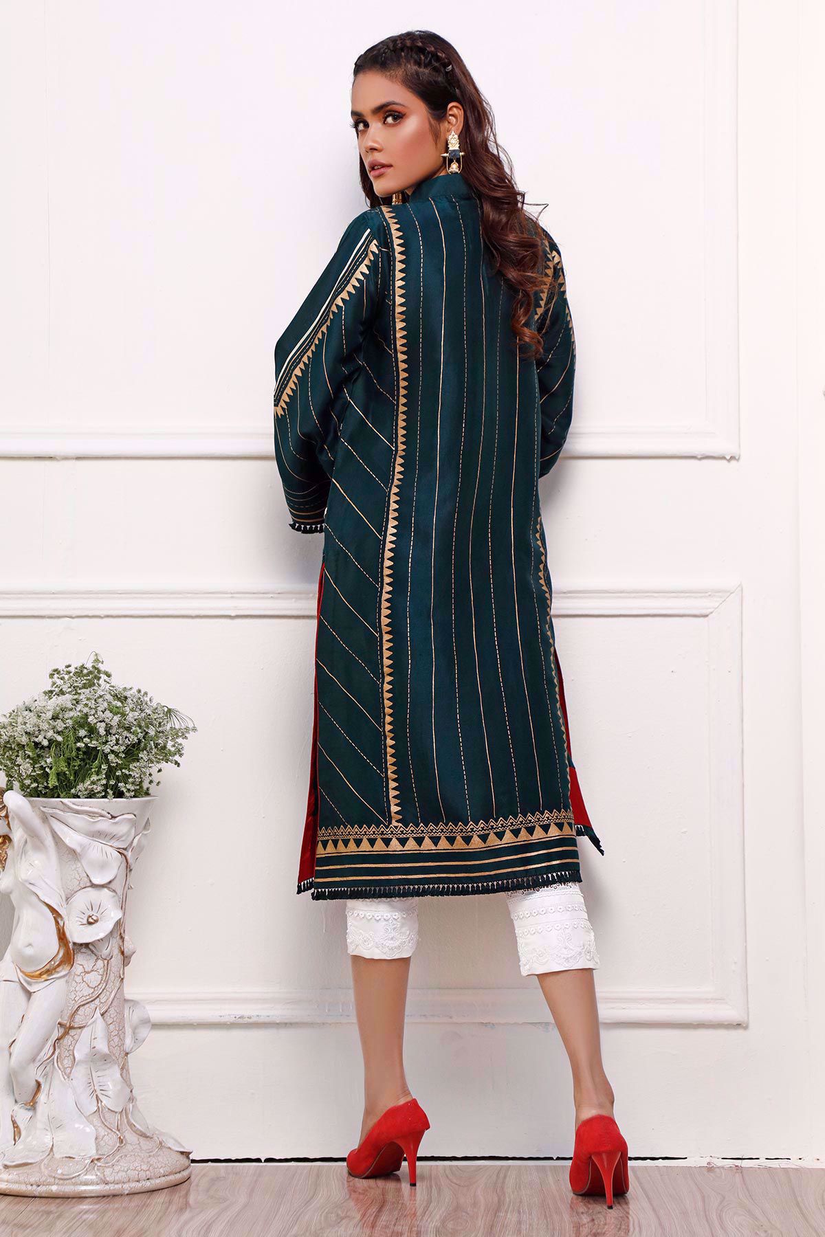 Jade Green Hand Block Printed Raw Silk Salwar Kameez (2-Piece) - Image 3