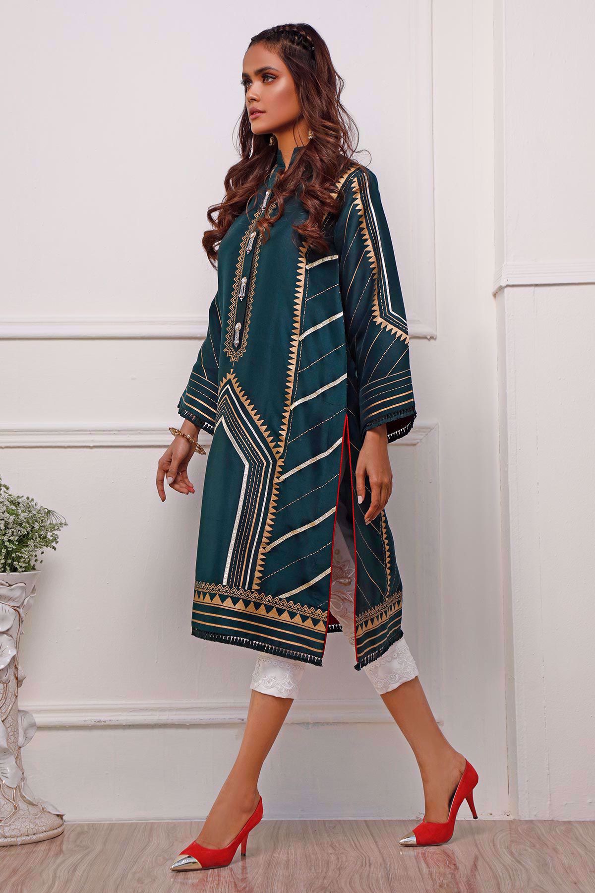 Jade Green Hand Block Printed Raw Silk Salwar Kameez (2-Piece) - Image 4