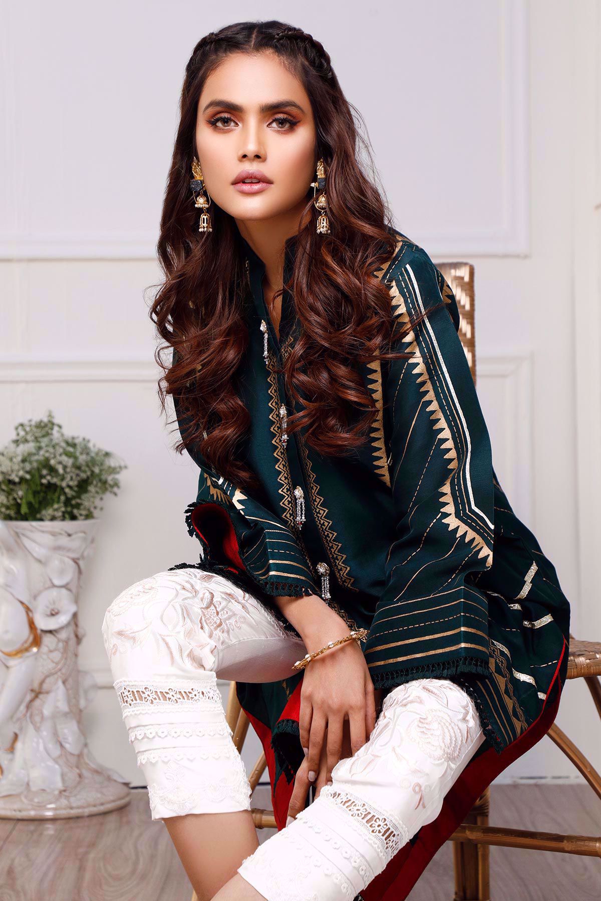 Jade Green Hand Block Printed Raw Silk Salwar Kameez (2-Piece) - Image 5