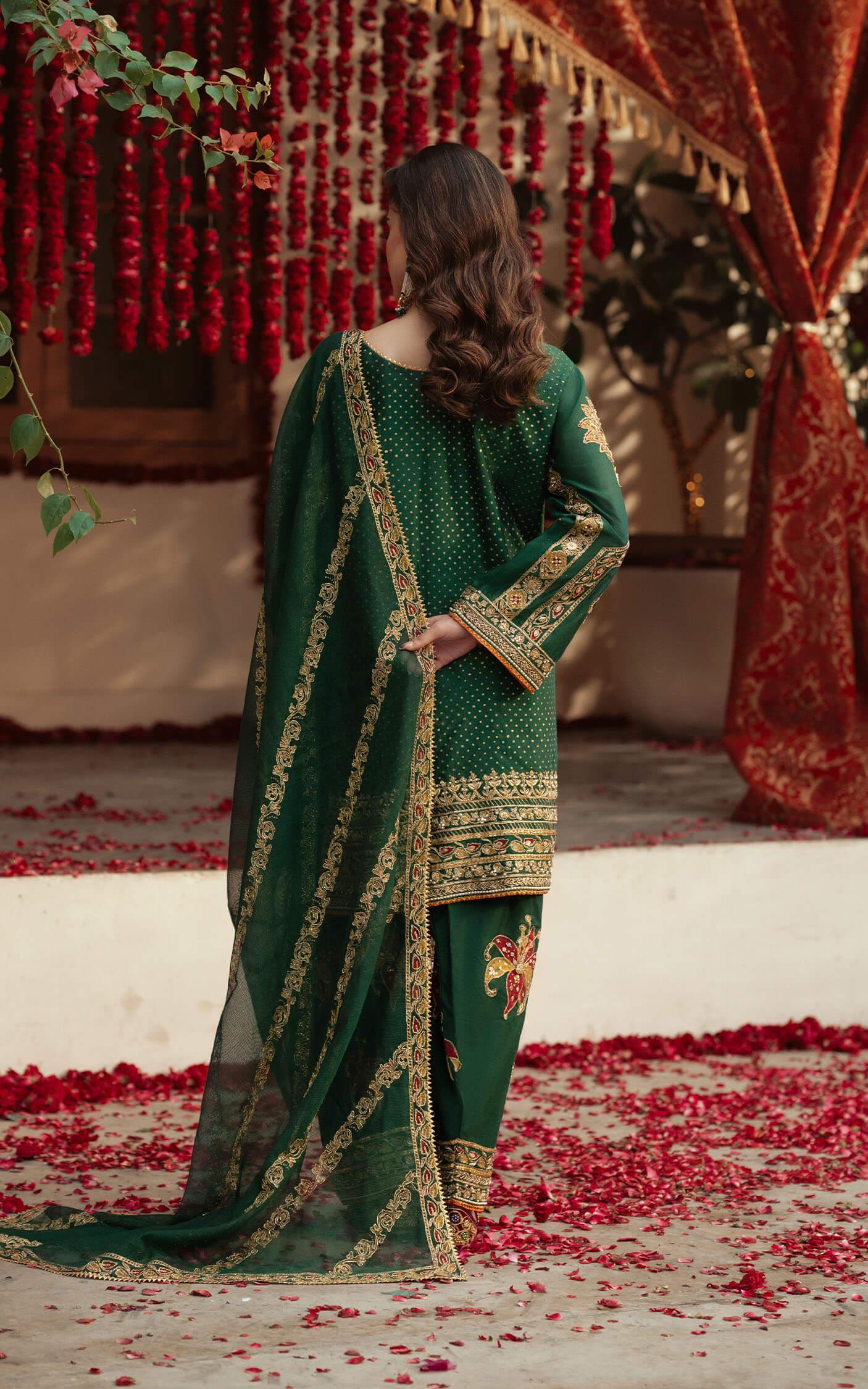 Emerald Green Embroidered Raw Silk Kurta Set (3-Piece) - Image 2