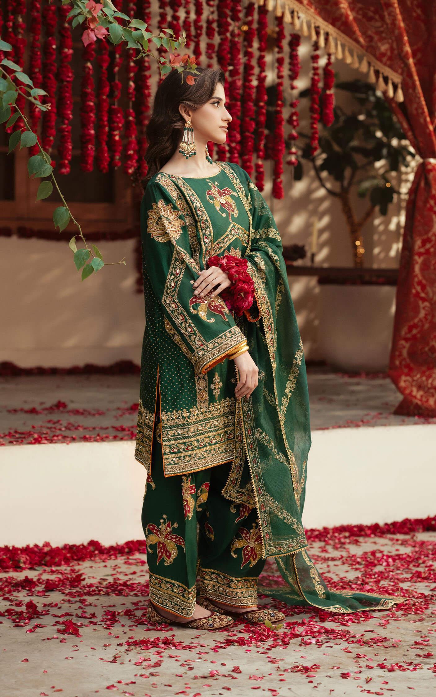 Emerald Green Embroidered Raw Silk Kurta Set (3-Piece) - Image 3