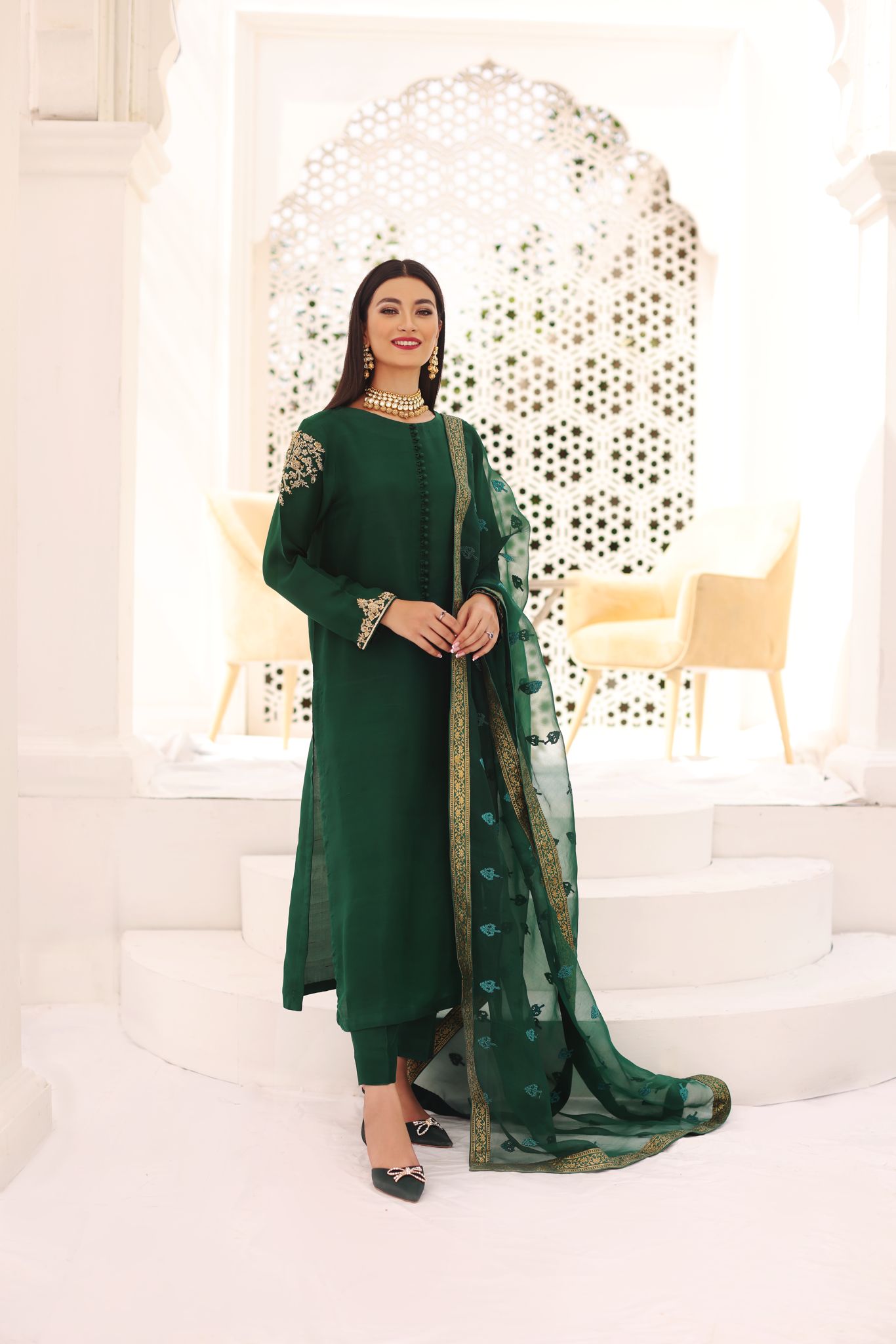 Pakistani Bottle Green Embroidered Silk Kurta Set (3-Piece) - Image 2