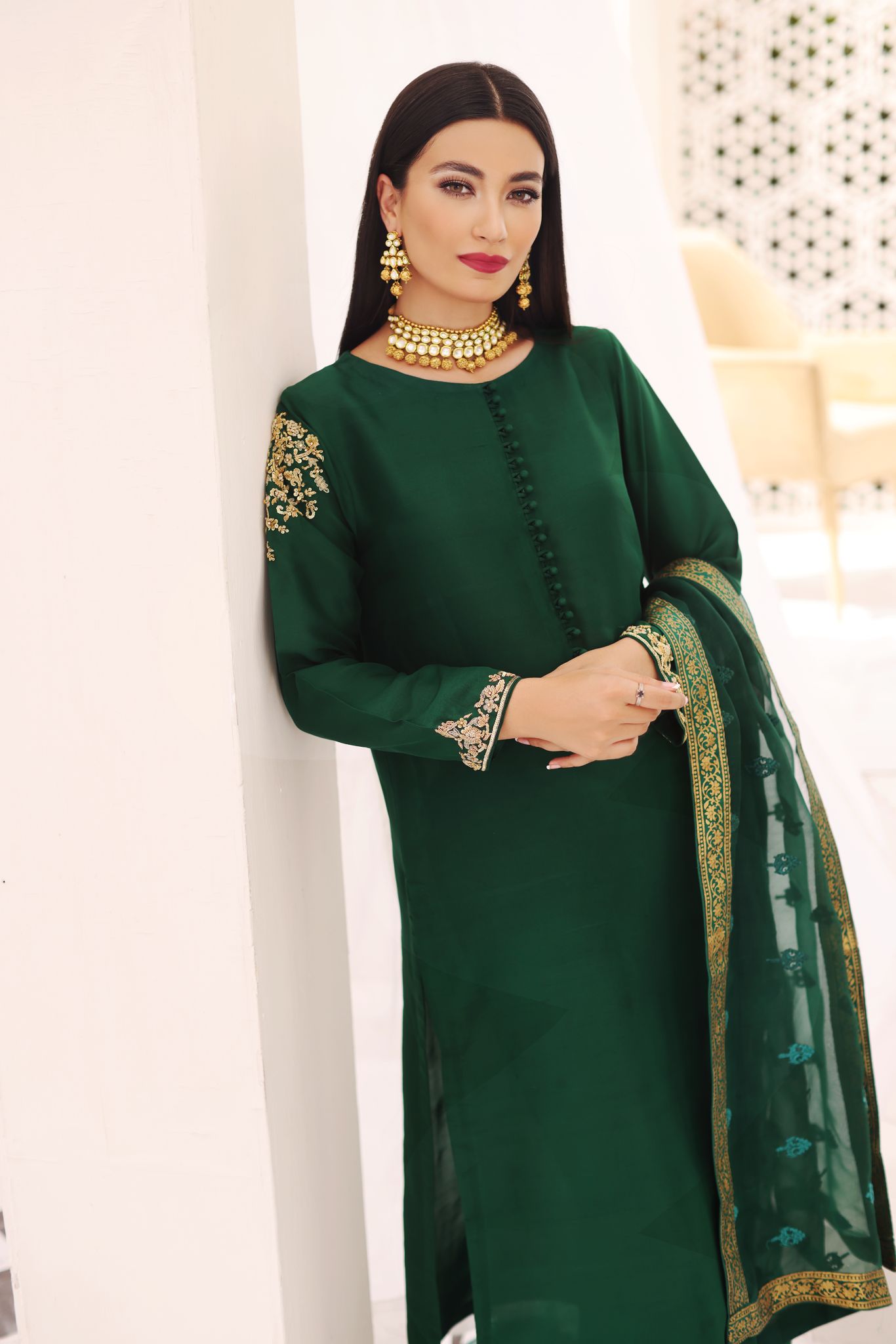 Pakistani Bottle Green Embroidered Silk Kurta Set (3-Piece) - Image 3