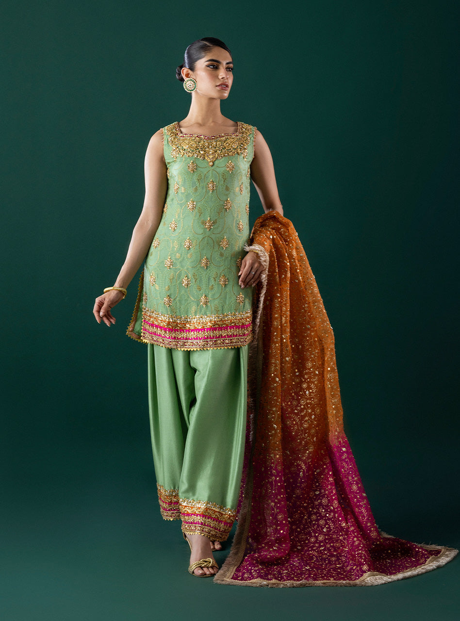 Mint Green Embroidered Self-Jacquard Salwar Kameez (3-Piece) - Image 1