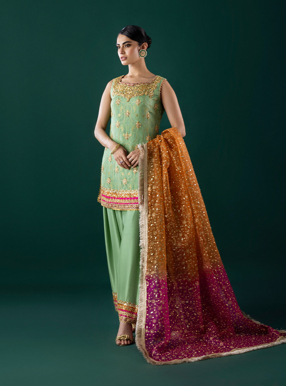 Mint Green Embroidered Self-Jacquard Salwar Kameez (3-Piece) - Image 2