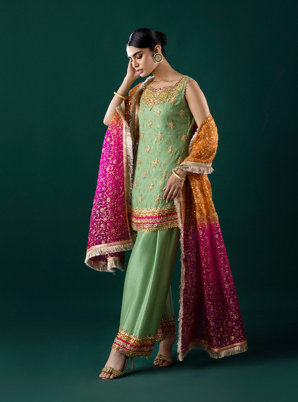 Mint Green Embroidered Self-Jacquard Salwar Kameez (3-Piece) - Image 3