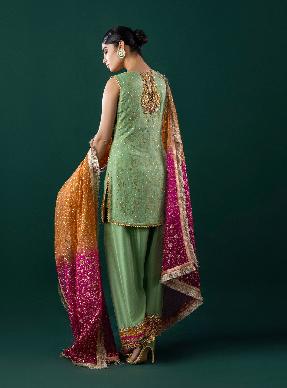 Mint Green Embroidered Self-Jacquard Salwar Kameez (3-Piece) - Image 5
