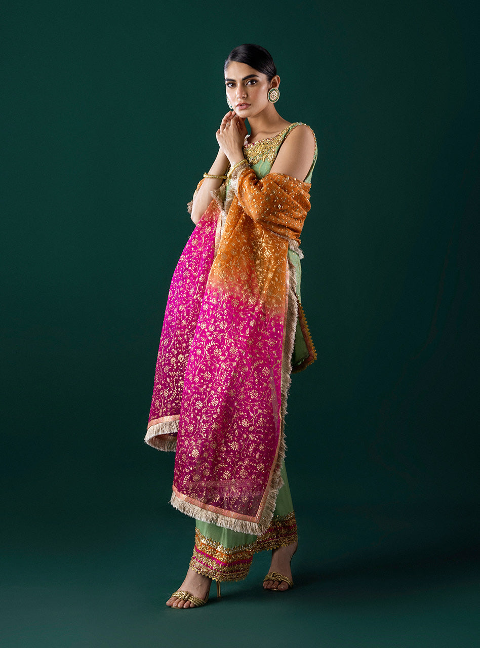 Mint Green Embroidered Self-Jacquard Salwar Kameez (3-Piece) - Image 6