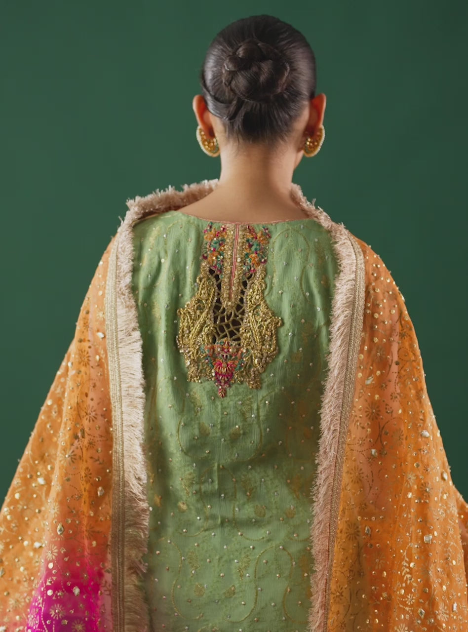 Mint Green Embroidered Self-Jacquard Salwar Kameez (3-Piece) - Image 7