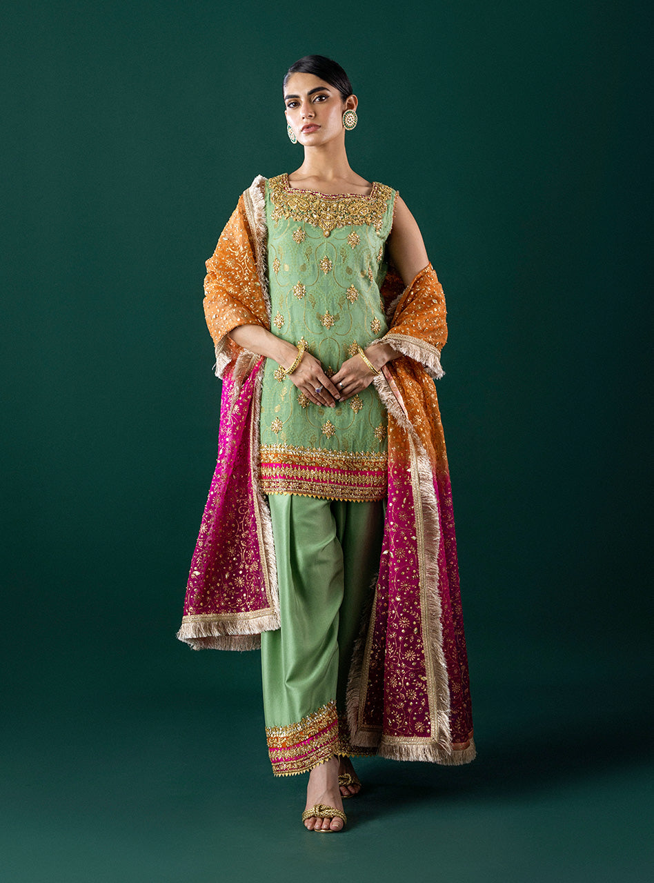 Mint Green Embroidered Self-Jacquard Salwar Kameez (3-Piece) - Image 8